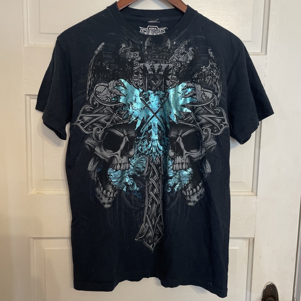MMA Elite Men's Size‎ Small Black T-shirt Y2K 00s Skull Cross Blue Foil